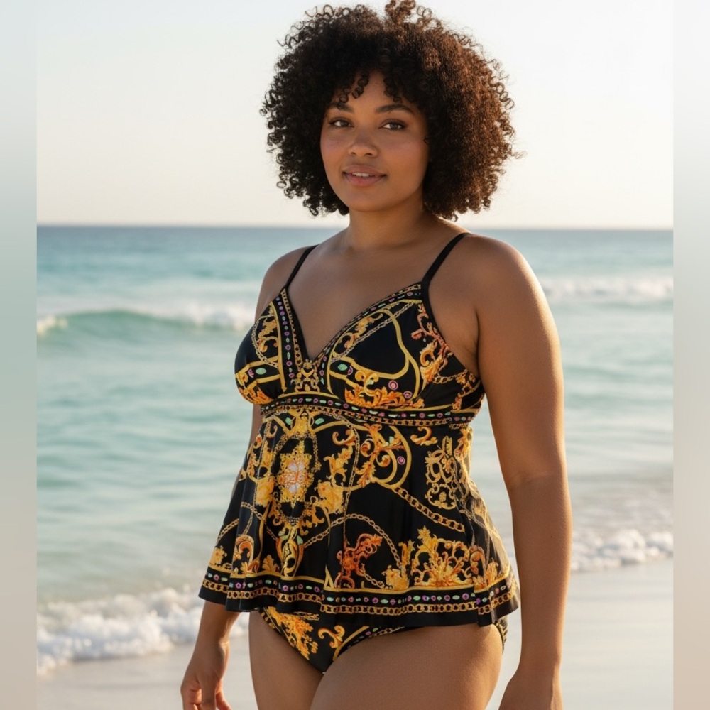 NWOT Plus Sz 4X Tankini SET Vee Top & French Bikini Panty Swim Duo Luxury Style